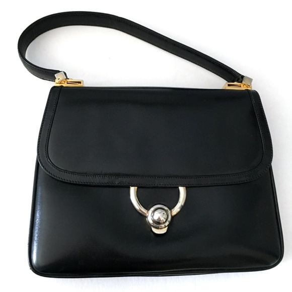 Gucci Black Leather Handbag 2 Way Straps 1980's Vintage - Picture 11 of 15